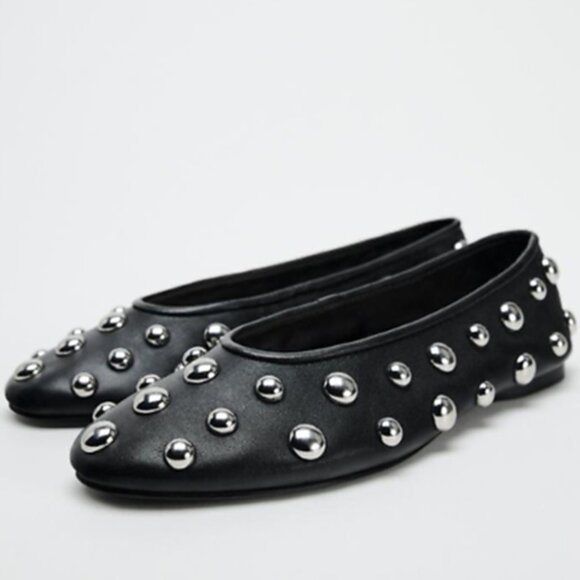 ZARA Studded Leather Black Ballet Flats - Picture 4 of 9